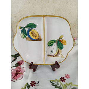 Vintage KBNY Pottery Handled Divided Dish Hand Painted Fruit Made in Italy